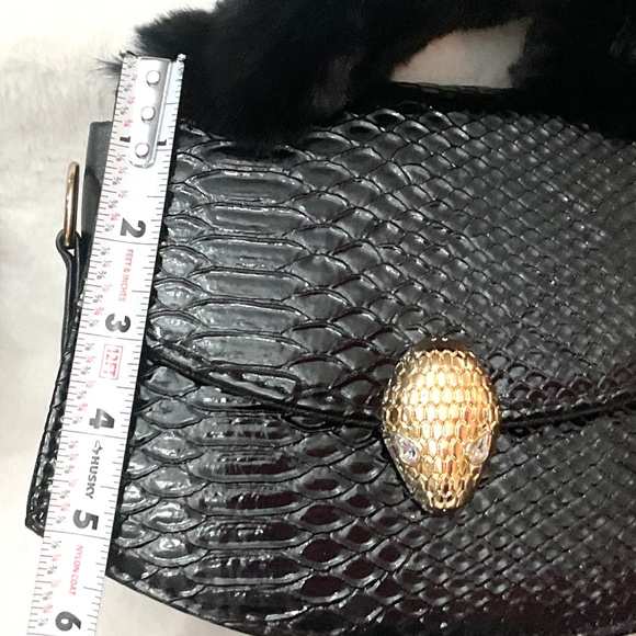 Wine Burgundy Faux Fur and Snakeskin Top Handle Handbag with shoulder strap - Picture 12 of 16